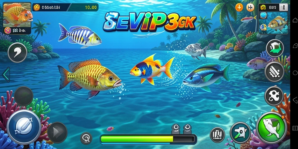 Tampilan permainan seru dalam EVIP3 saat berburu ikan.
