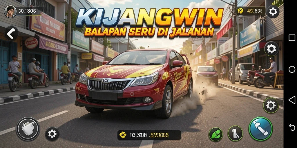 Tangkapan layar gameplay <strong>KIJANGWIN</strong> yang menunjukkan aksi balapan yang mendebarkan.