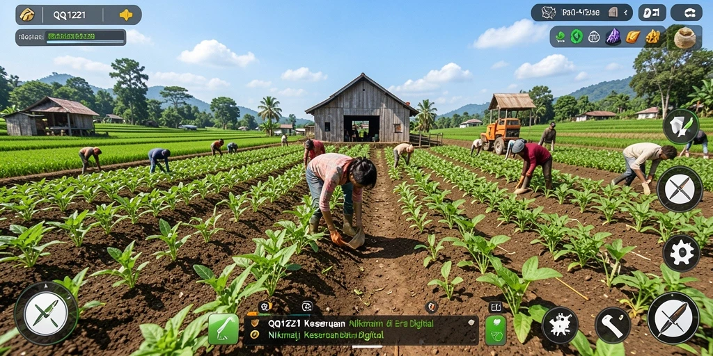 Tampilan gameplay QQ1221 dengan lahan pertanian yang subur dan tanaman yang beragam.
