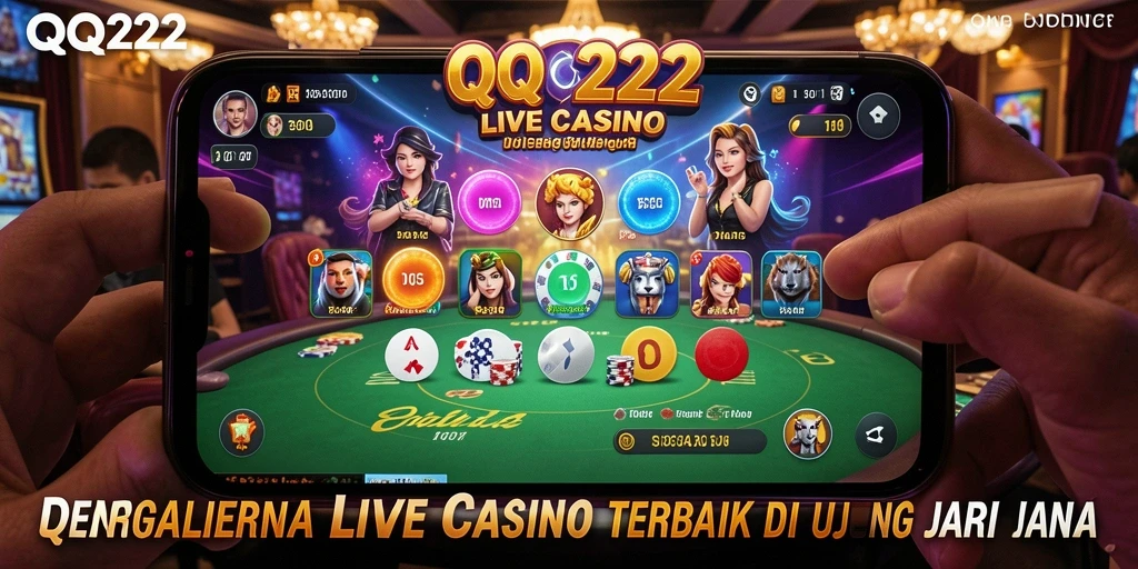 Screenshot gameplay Live Casino QQ222 dengan dealer langsung dan interaksi seru.