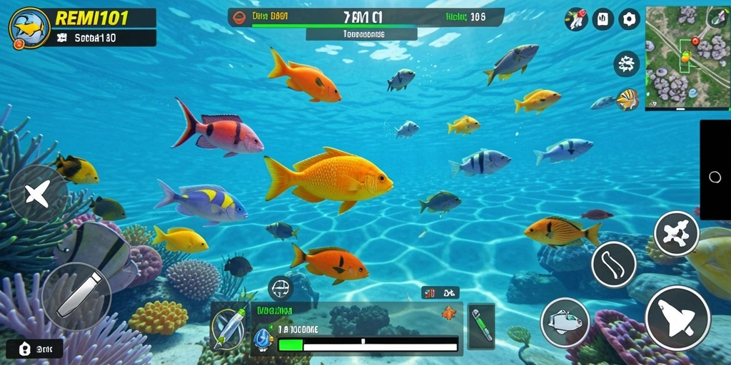 Screenshot gameplay REMI101 yang menampilkan aksi menembak ikan.