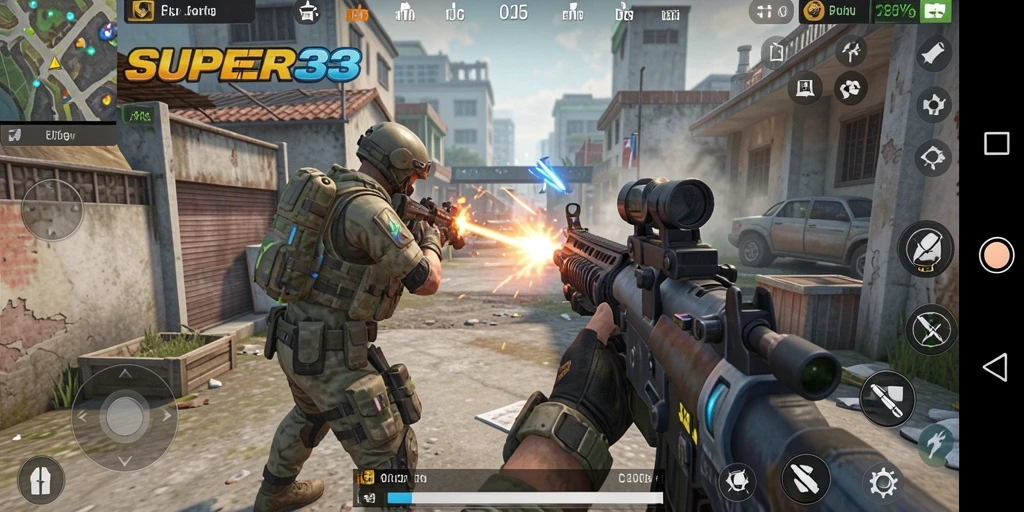 Menampilkan aksi intens dalam gameplay <strong>SUPER33</strong> dengan pertempuran seru.