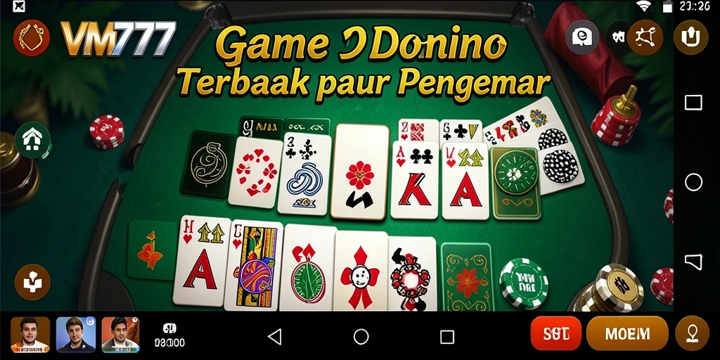 Screenshot utama VM777 menampilkan gameplay domino yang seru dan interaktif.